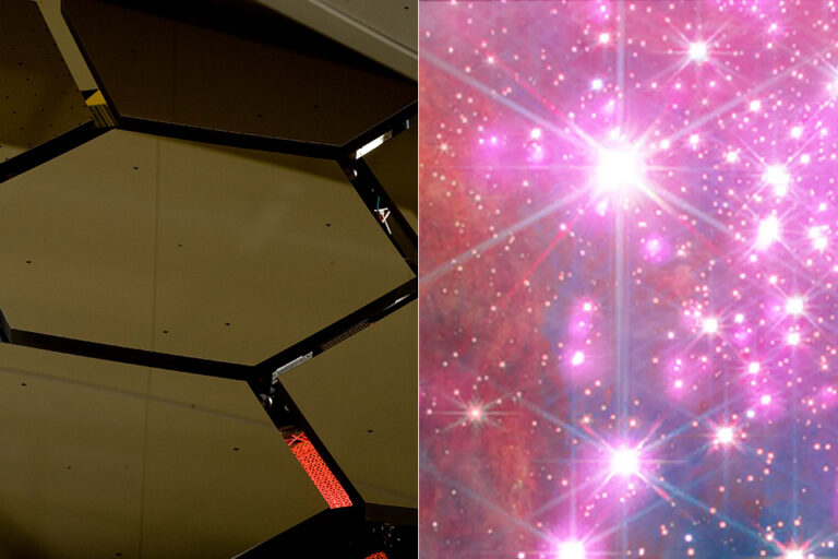 Westerlund 2 šviečia rožine spalva, kai Chandra ir Webb teleskopai